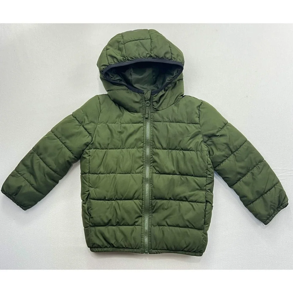 GUC The Childrens Place Boys Green Hooded Quilted Full Zip Puffer Jacket Coat 5T